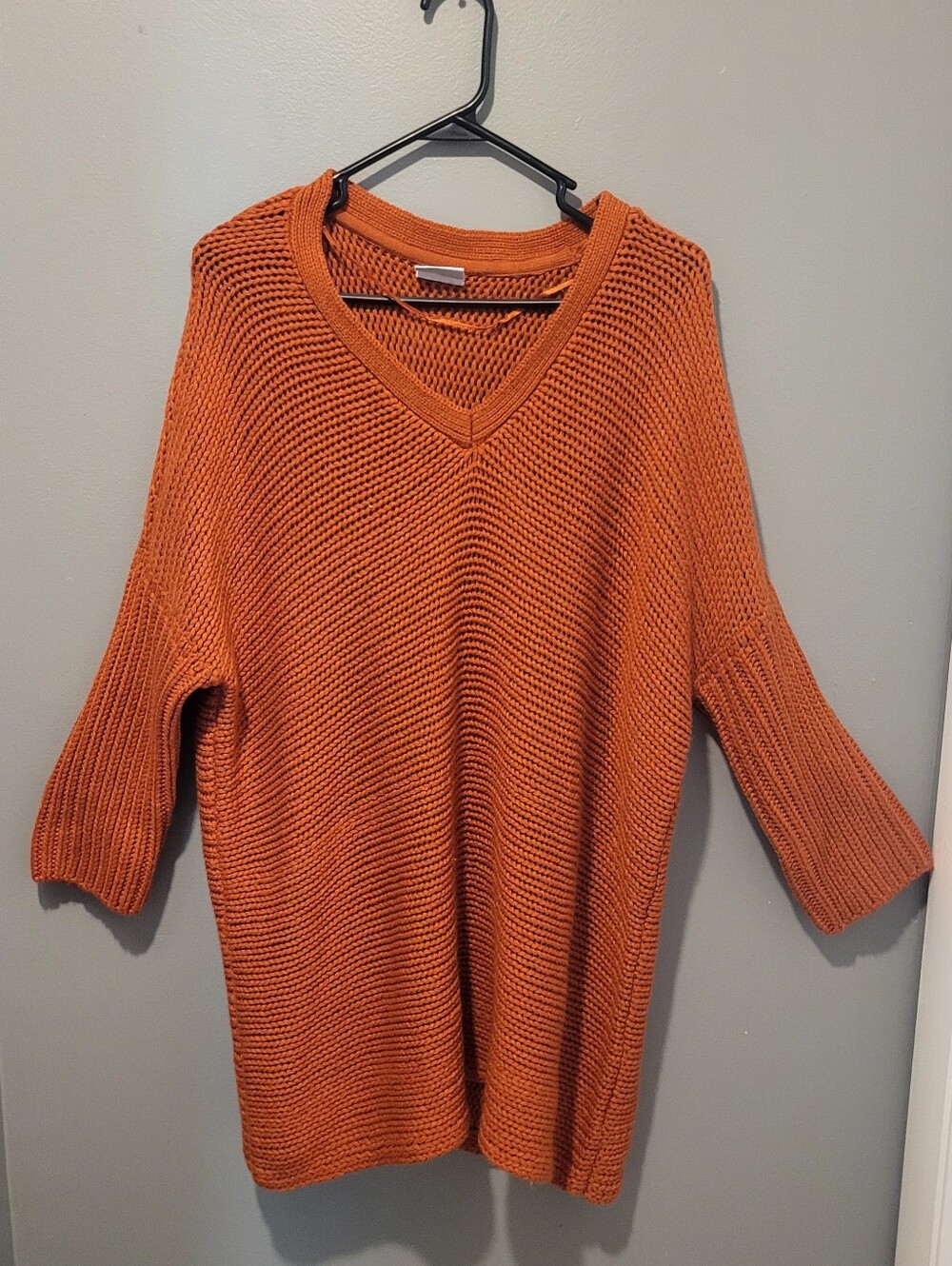 Noisey May Fall Burnt Orange V-Neck Pointelle Knit Sweater Sz M Fits bigger
